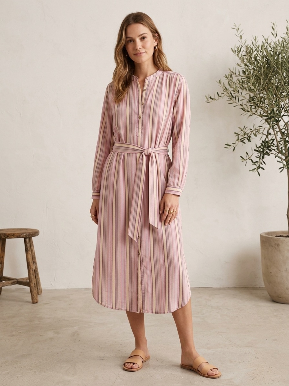 Xirena Striped Long Sleeve Shirt Dress Women Size Large